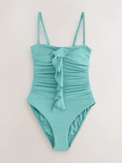 Turquoise Blue Tummy Control Frill Bandeau Swimsuit