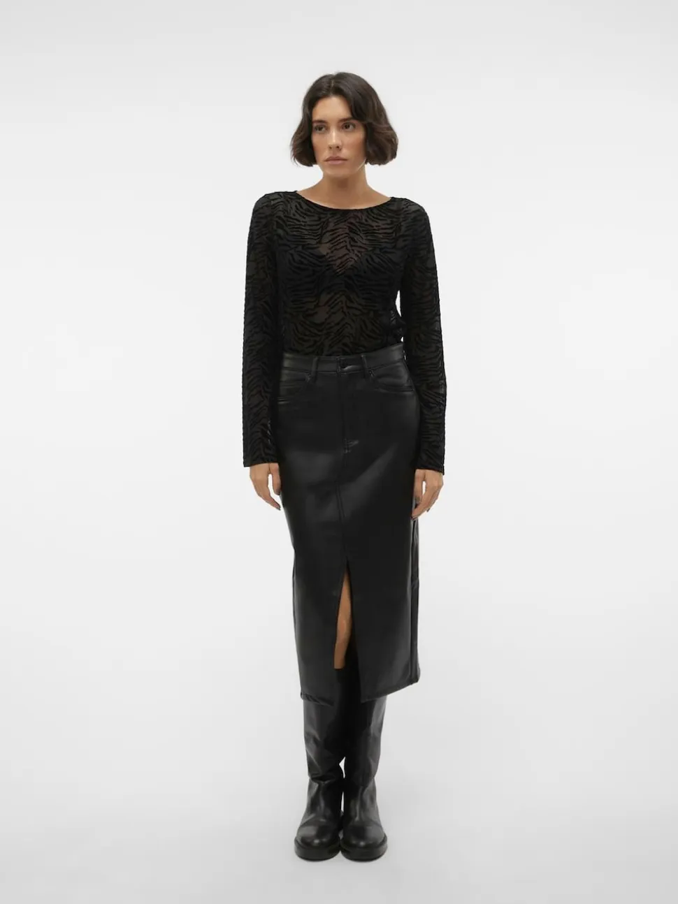 VERO MODA Black Faux Leather Midi Skirt
