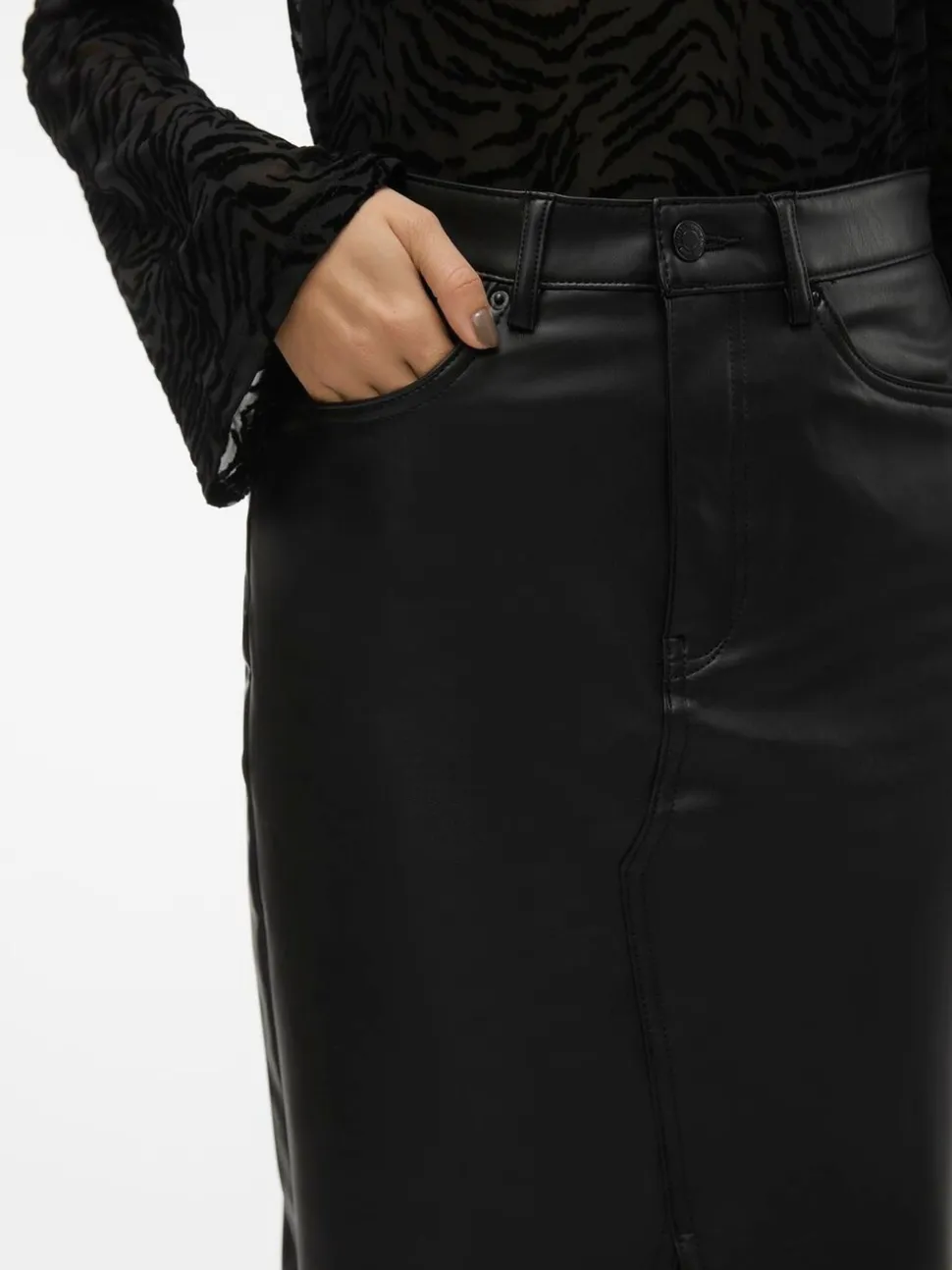 VERO MODA Black Faux Leather Midi Skirt
