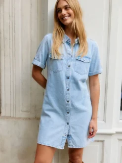 VERO MODA Blue Chrome Short Sleeve Button Down Denim Dress
