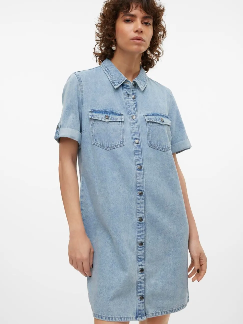 VERO MODA Blue Chrome Short Sleeve Button Down Denim Dress