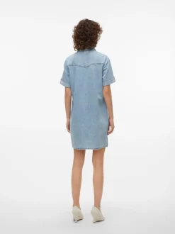 VERO MODA Blue Chrome Short Sleeve Button Down Denim Dress
