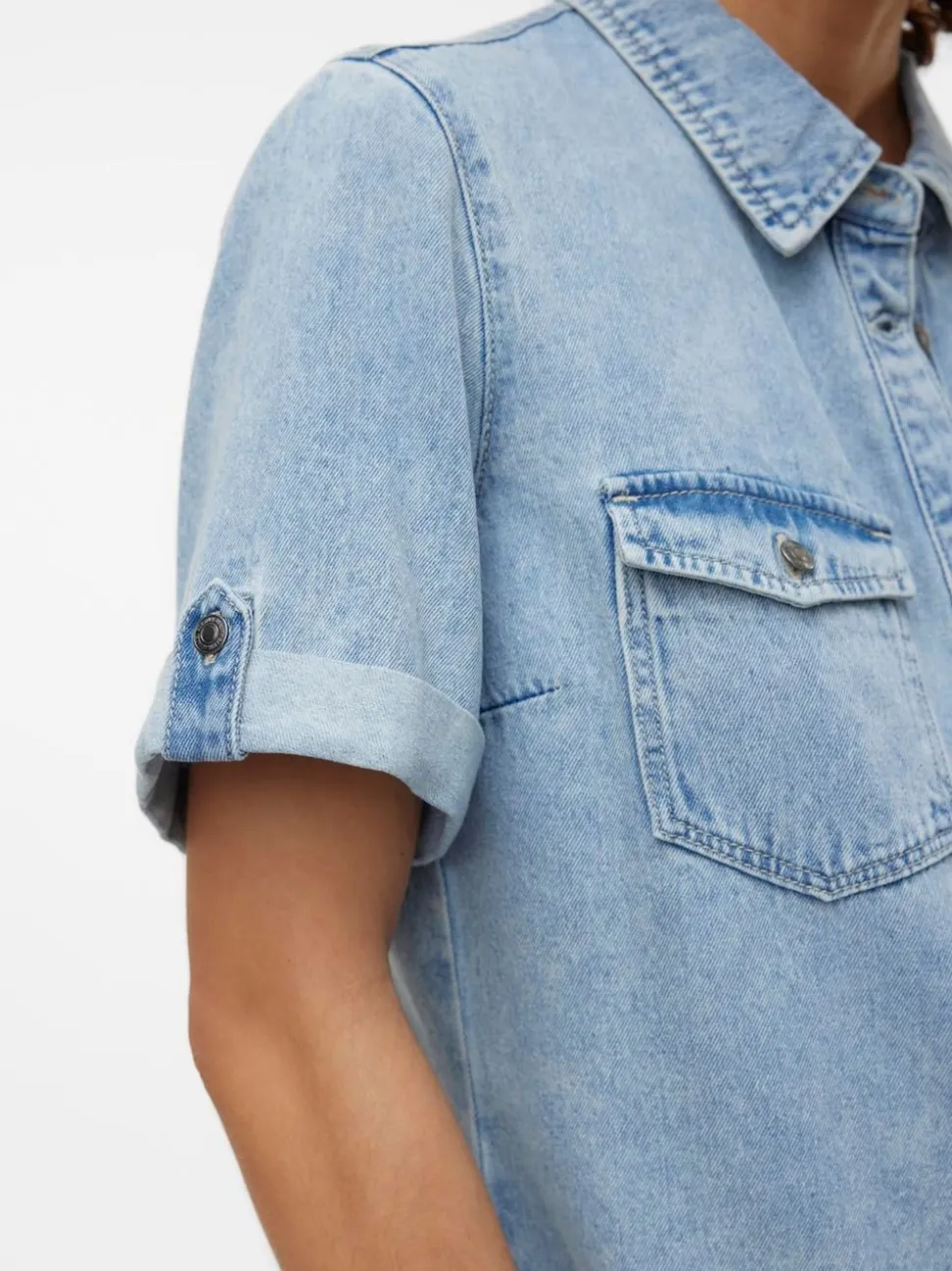VERO MODA Blue Chrome Short Sleeve Button Down Denim Dress