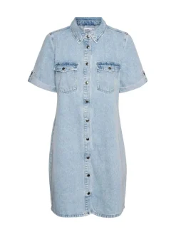 VERO MODA Blue Chrome Short Sleeve Button Down Denim Dress