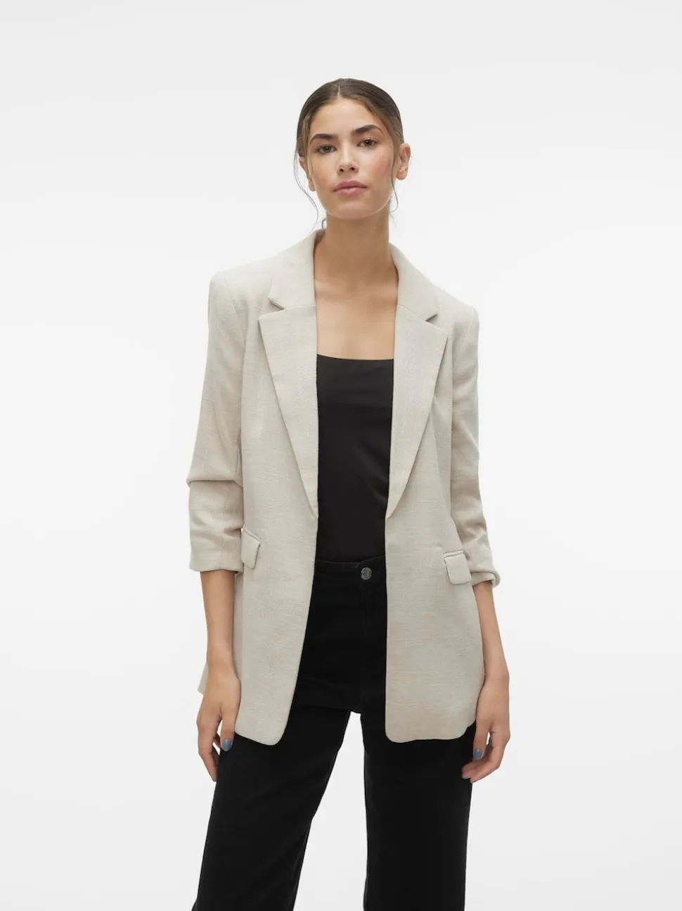 VERO MODA Cream Textured Ruched Sleeve Jacket