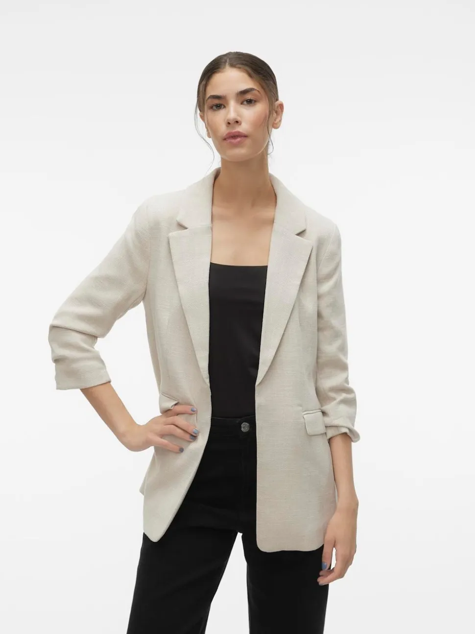 VERO MODA Cream Textured Ruched Sleeve Jacket