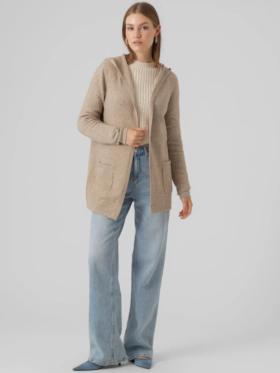 VERO MODA Natural Longline Hooded Knitted Cardigan