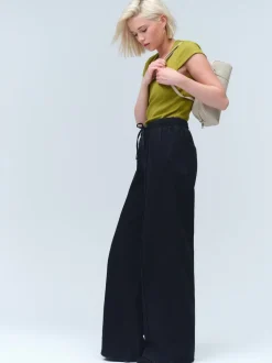 Washed Black Pintuck Wide Leg Denim Joggers