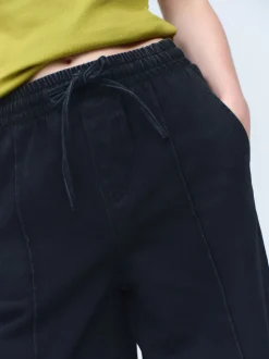 Washed Black Pintuck Wide Leg Denim Joggers