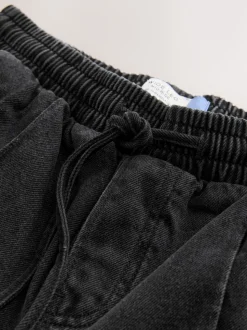 Washed Black Pintuck Wide Leg Denim Joggers
