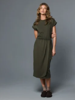 Washed Khaki Green Jersey Sarong Tie T-Shirt Dress
