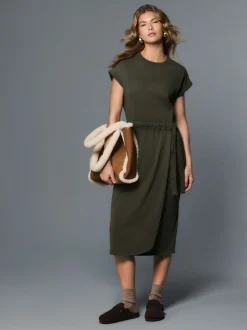 Washed Khaki Green Jersey Sarong Tie T-Shirt Dress