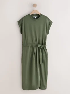 Washed Khaki Green Jersey Sarong Tie T-Shirt Dress