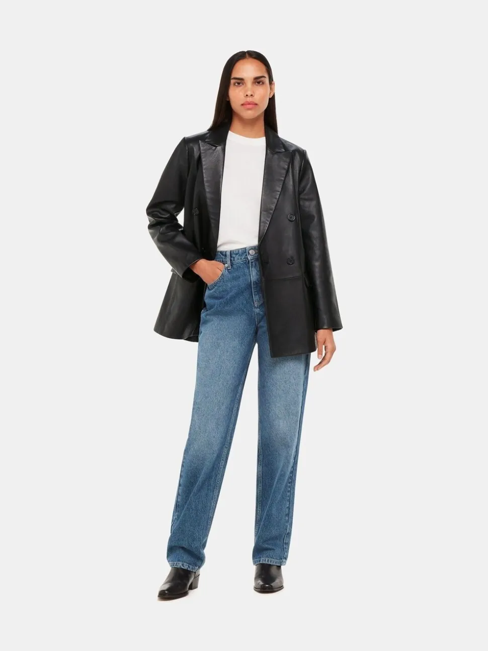 Whistles Aliza Waisted Leather Black Blazer