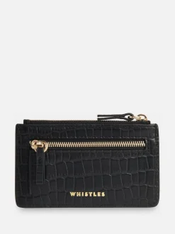 Whistles Black Croc Zip Top Card Holder Purse
