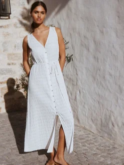 White Button Through Tie Waist Sleeveless Maxi Dress