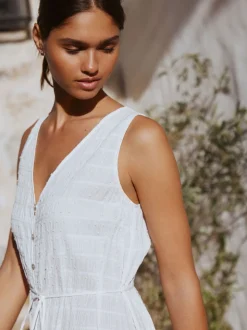 White Button Through Tie Waist Sleeveless Maxi Dress