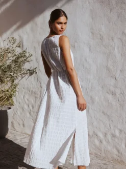 White Button Through Tie Waist Sleeveless Maxi Dress