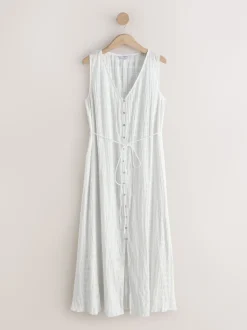 White Button Through Tie Waist Sleeveless Maxi Dress