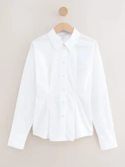 White Cinched Waist Fitted Shirt