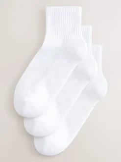 White Cushion Sole Ribbed Sport Cropped Ankle Socks 3 Pack With Arch Support