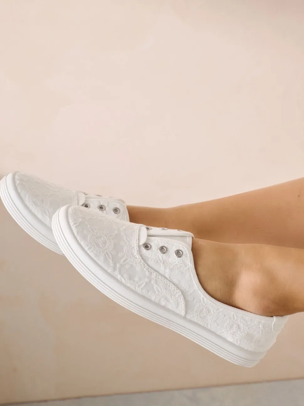 White Embroidered Laceless Canvas Slip On Trainers