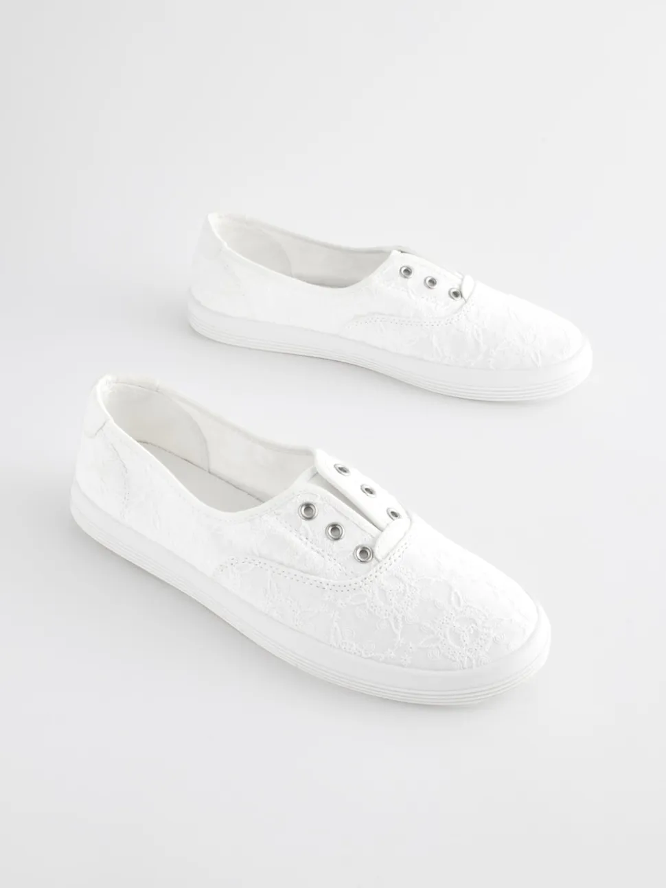 White Embroidered Laceless Canvas Slip On Trainers