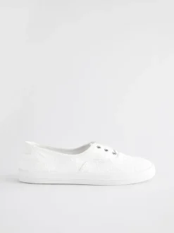 White Embroidered Laceless Canvas Slip On Trainers
