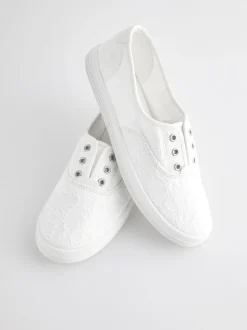 White Embroidered Laceless Canvas Slip On Trainers