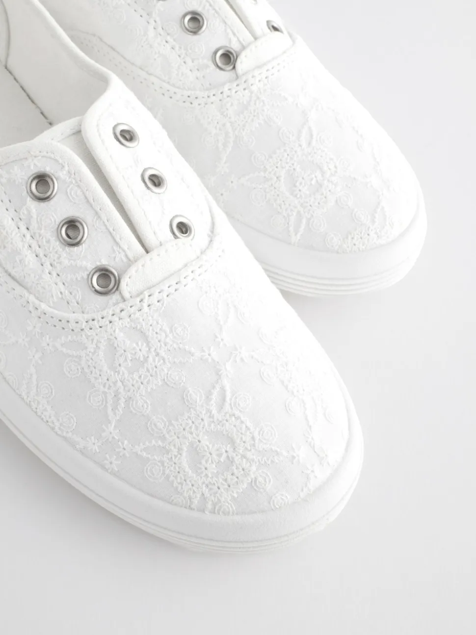 White Embroidered Laceless Canvas Slip On Trainers