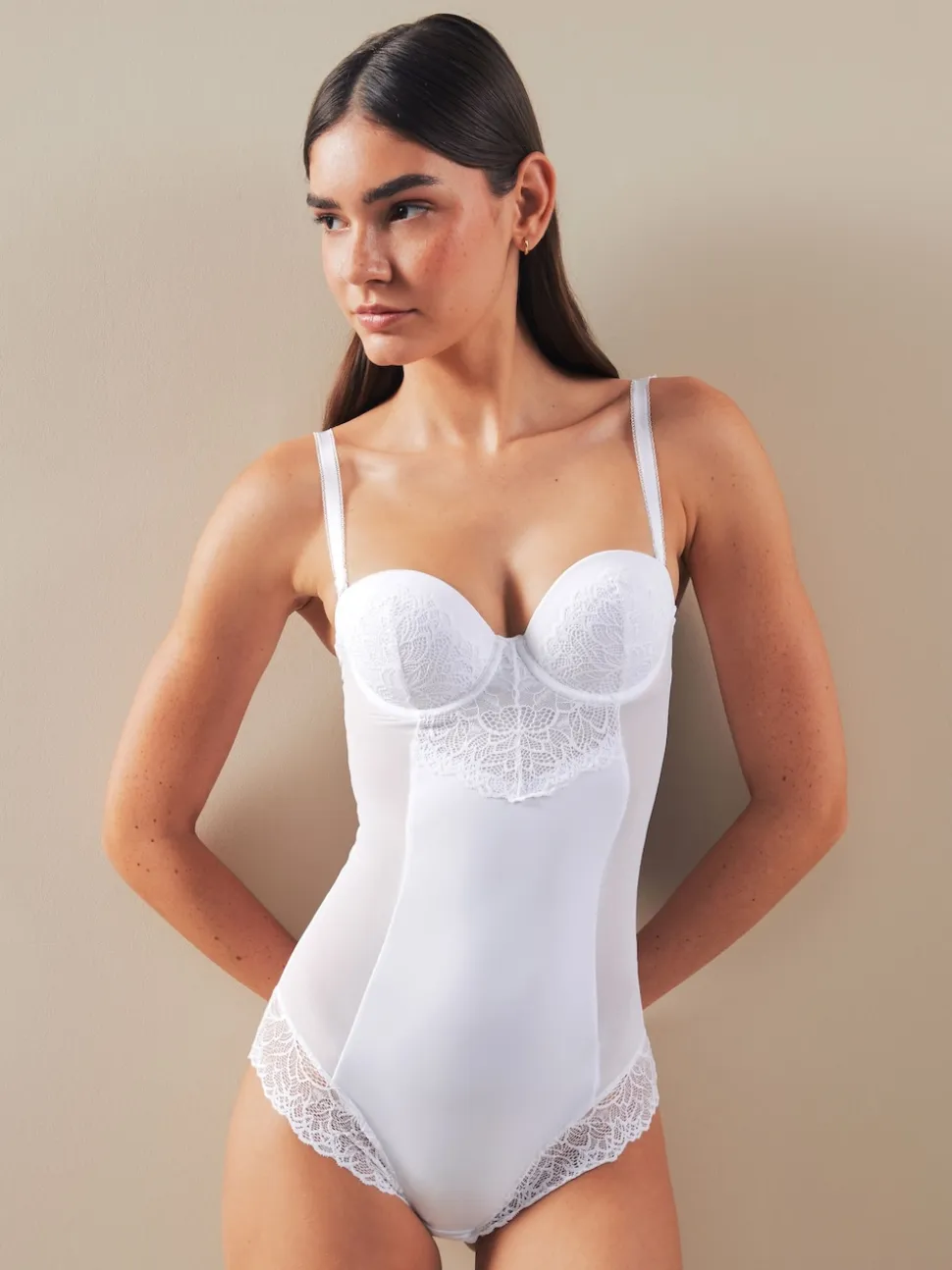 White Firm Tummy Control Cupped Lace Body