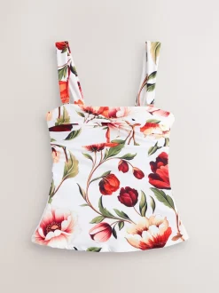 White Floral Bandeau Tummy Control Tankini Top