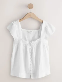 White Flutter Sleeve Button Front Top With Linen