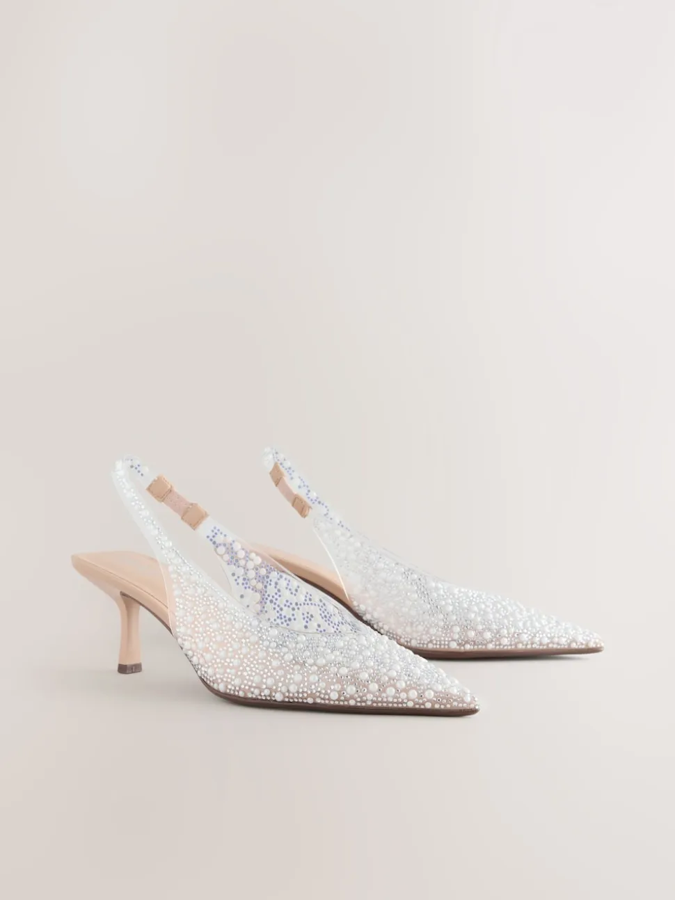 White Forever Comfort® Point Toe Vinyl Jewel Detail Sling Back Heels
