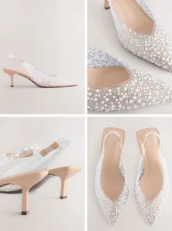 White Forever Comfort® Point Toe Vinyl Jewel Detail Sling Back Heels