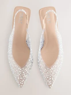 White Forever Comfort® Point Toe Vinyl Jewel Detail Sling Back Heels