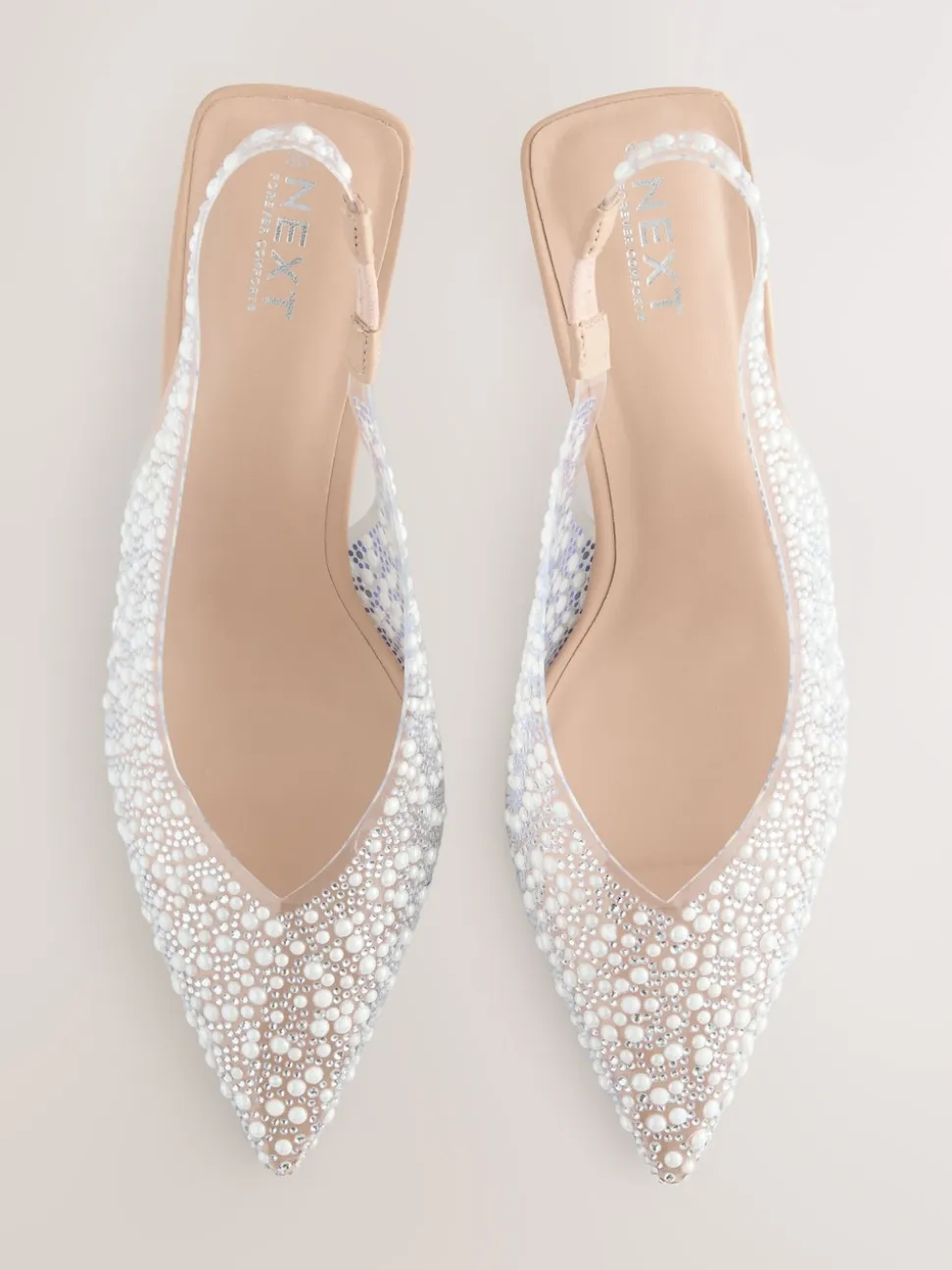 White Forever Comfort® Point Toe Vinyl Jewel Detail Sling Back Heels