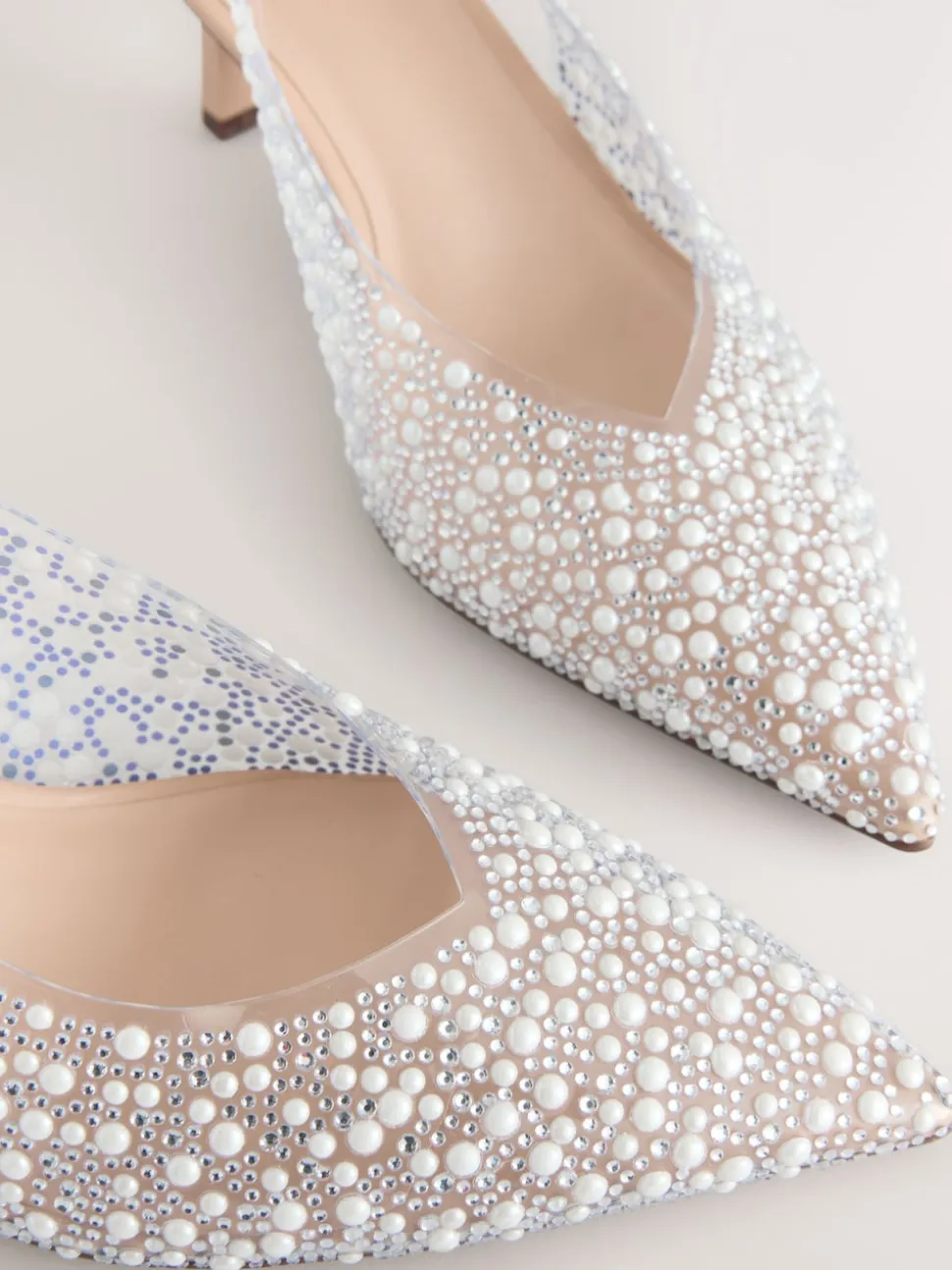 White Forever Comfort® Point Toe Vinyl Jewel Detail Sling Back Heels