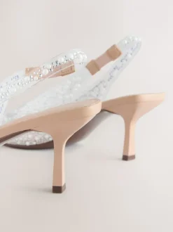 White Forever Comfort® Point Toe Vinyl Jewel Detail Sling Back Heels