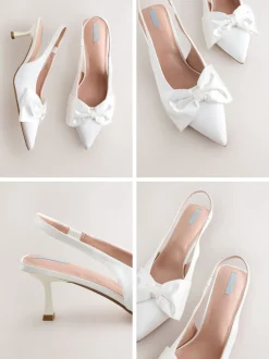 White Forever Comfort® Wedding Satin Bow Pointed Toe Slingback Heels