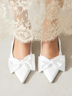 White Forever Comfort® Wedding Satin Bow Pointed Toe Slingback Heels