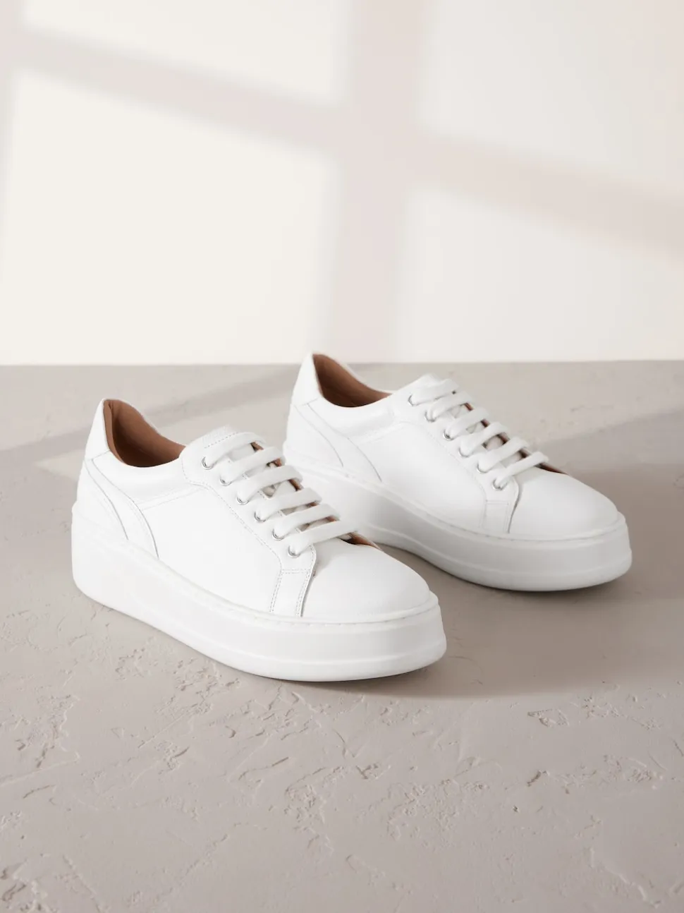 White Lace Up Signature Premium Leather Chunky Wedge Lace-Up Trainers