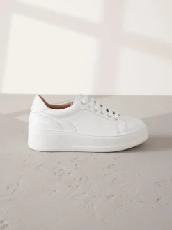 White Lace Up Signature Premium Leather Chunky Wedge Lace-Up Trainers