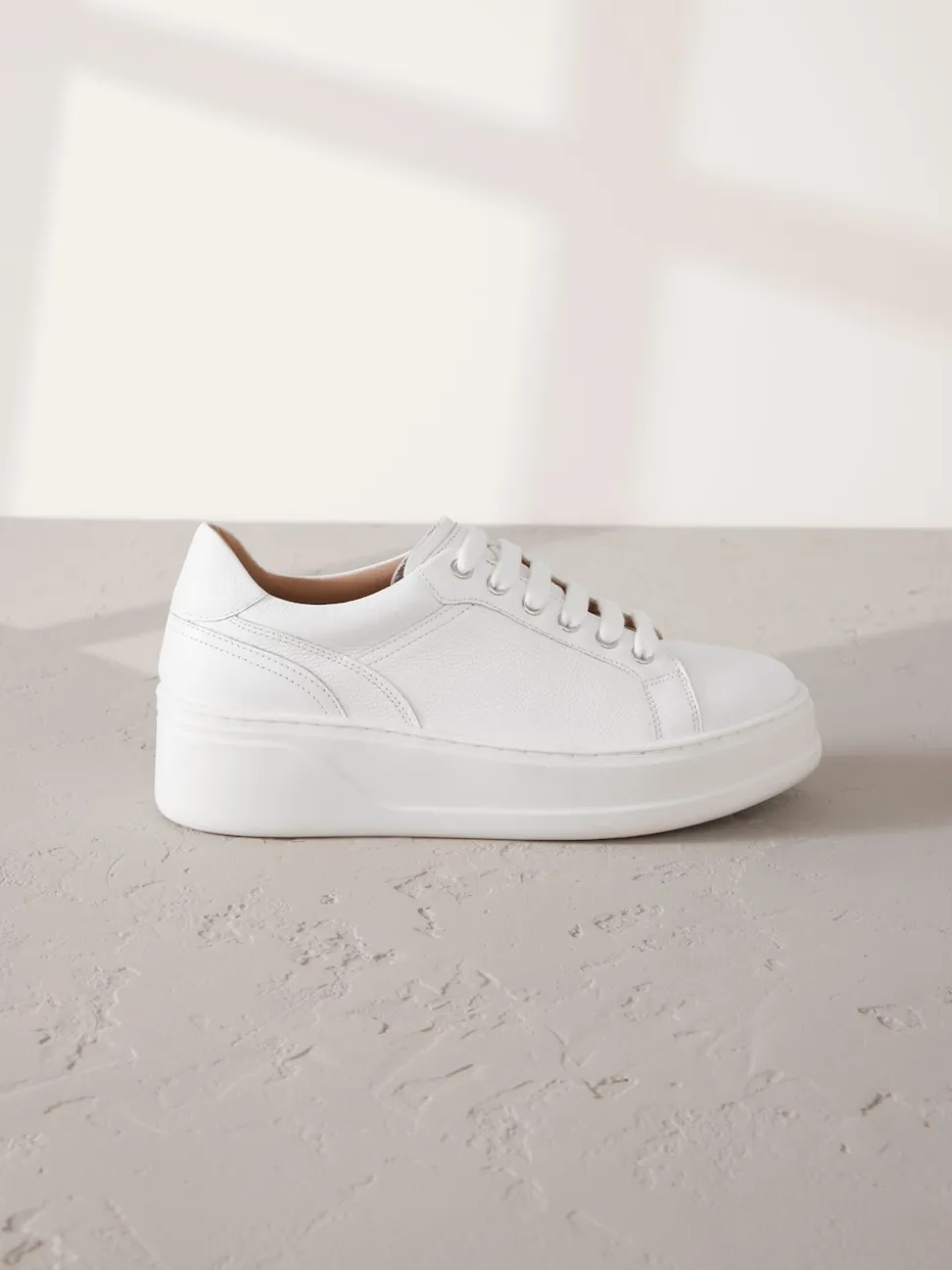 White Lace Up Signature Premium Leather Chunky Wedge Lace-Up Trainers