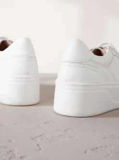 White Lace Up Signature Premium Leather Chunky Wedge Lace-Up Trainers