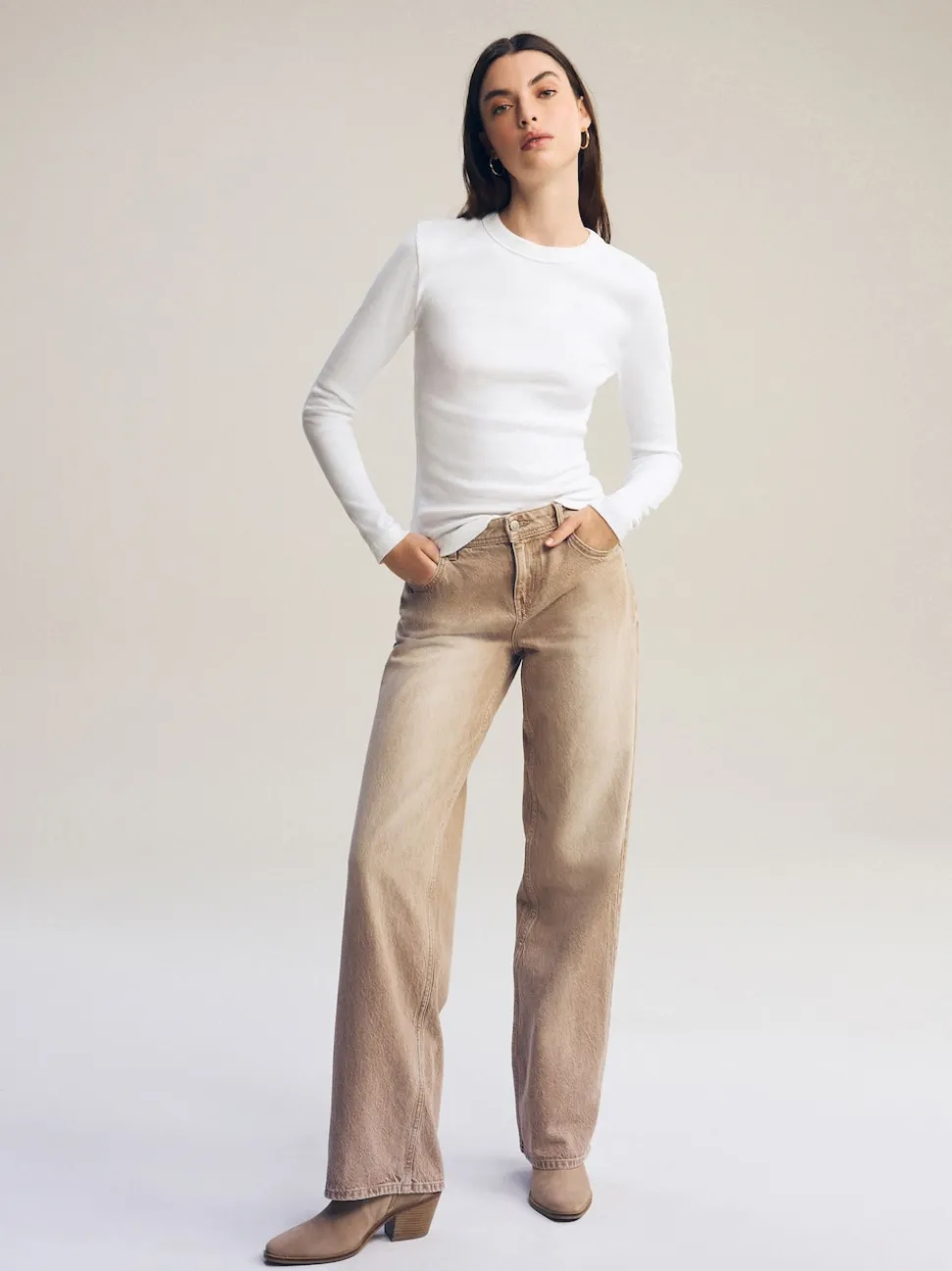 White Long Sleeve Ribbed Crew Neck Top
