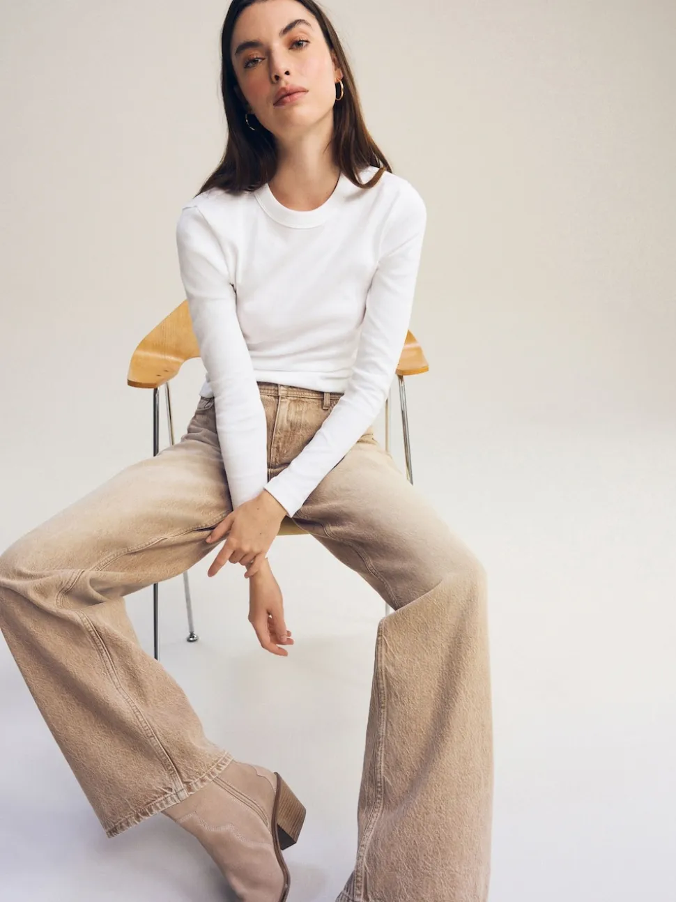 White Long Sleeve Ribbed Crew Neck Top