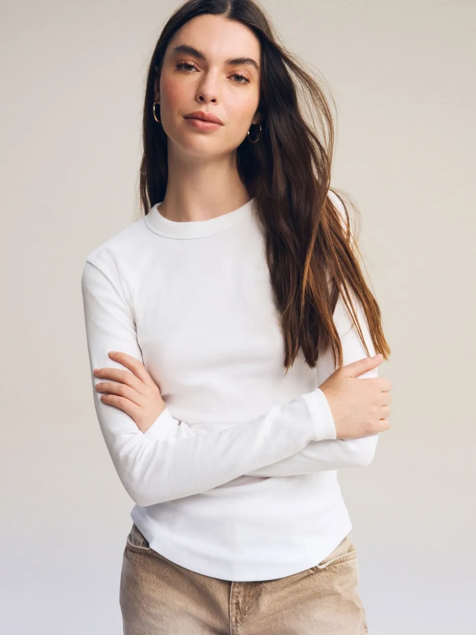 White Long Sleeve Ribbed Crew Neck Top