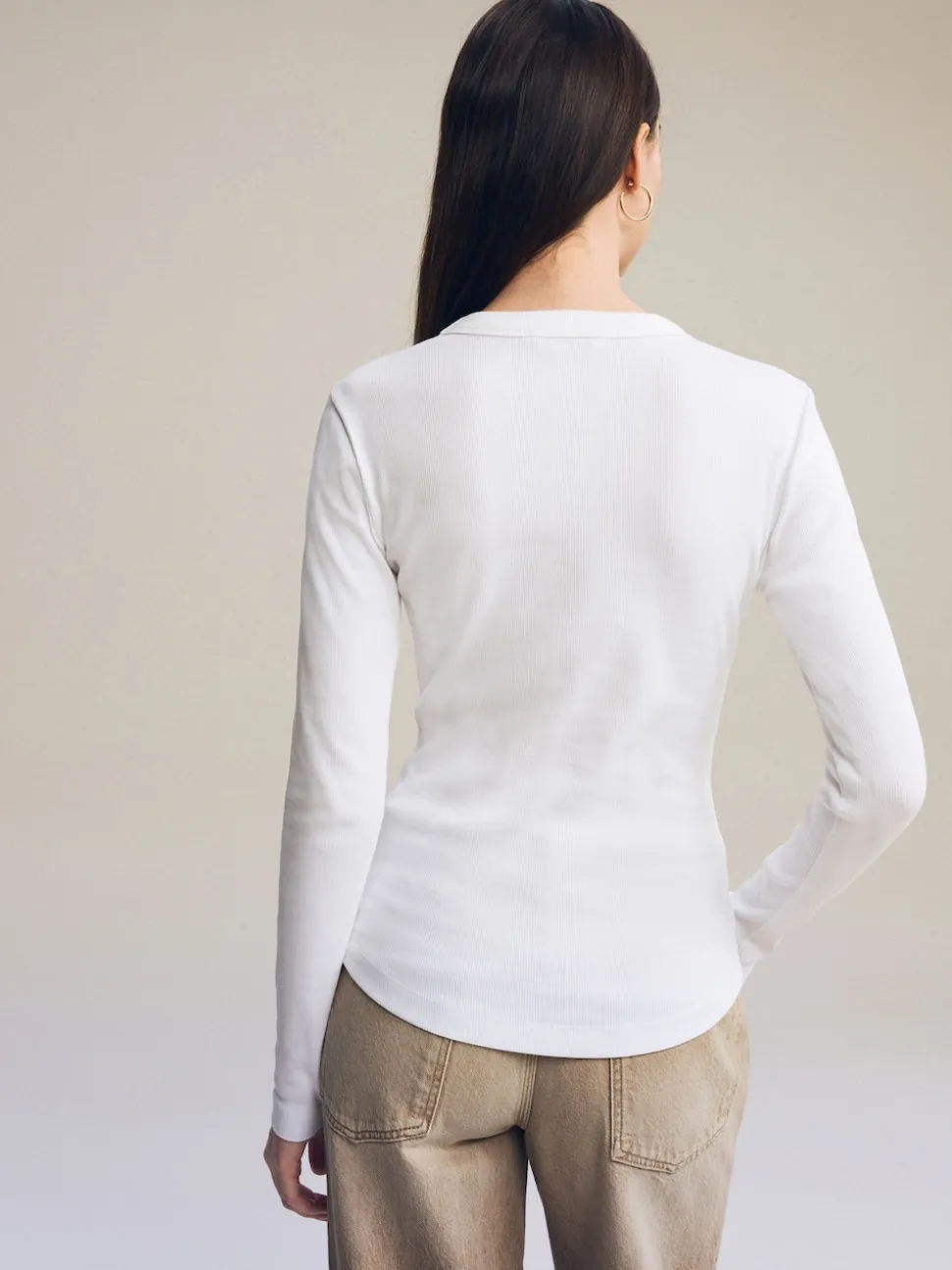 White Long Sleeve Ribbed Crew Neck Top