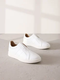 White Signature Premium Leather Laceless Slip-On Trainers